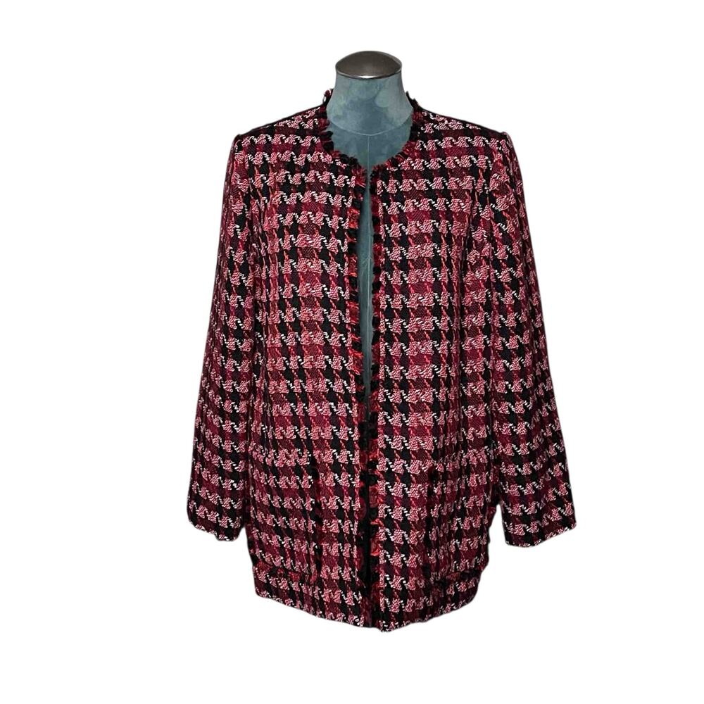 Chico’s Tweed Open Front Jacket One Size Red Black Pockets Cotton Metallic Blend